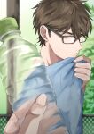  2boys absurdres ace_of_diamond aiaipoponta0605 bangs blue_shirt bottle brown_eyes brown_hair closed_mouth day glasses highres holding holding_bottle holding_clothes holding_shirt male_focus miyuki_kazuya multiple_boys outdoors shirt short_hair sideburns smile solo_focus upper_body water_bottle 