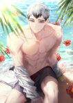  1boy abs bare_pectorals beach closed_mouth commentary day eyebrows flower grey_hair haikyuu!! hemoon jacket jacket_partially_removed kita_shinsuke looking_at_viewer male_focus male_swimwear multicolored_hair navel ocean outdoors palm_tree pectorals sand short_hair sitting smile solo summer swim_trunks symbol-only_commentary toned toned_male tree twitter_username two-tone_hair water wet yellow_eyes 