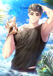  1boy arm_up armpits bangs beach bird black_hair black_shirt blue_sky closed_mouth cloud collarbone commentary day eyebrows grey_eyes haikyuu!! hand_on_head hemoon holding holding_shell looking_at_viewer male_focus male_swimwear male_underwear miya_osamu ocean outdoors palm_tree partially_submerged seagull shell shirt short_hair sky smile solo summer swim_trunks symbol-only_commentary tree twitter_username underwear water wet 