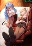  2girls ahoge animal_ear_fluff animal_ears arm_up bad_id bad_pixiv_id bangs beret black_footwear black_shorts blue_hair boots breasts brown_eyes brown_legwear brown_skirt collared_shirt commentary_request couch covered_mouth crossed_legs ear_piercing eye_contact eyebrows_visible_through_hair grin hair_between_eyes hat heart heart_ahoge highres hololive hug indoors legwear_under_shorts lion_ears lion_girl lion_tail long_hair looking_at_another lying medium_breasts multiple_girls on_back on_couch pantyhose piercing pleated_skirt pointy_ears shirt shishiro_botan shoe_soles short_shorts shorts sitting skirt smile sue_(bg-bros) sweater tail two_side_up very_long_hair virtual_youtuber wariza white_footwear white_hair white_headwear white_shirt white_sweater wooden_floor yukihana_lamy 