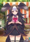  1girl ascot bangs bird_girl bird_tail bird_wings black_jacket black_skirt blush brown_eyes brown_hair brown_jacket circlet commentary_request frilled_jacket frilled_skirt frilled_sleeves frills gift hair_between_eyes head_wings jacket kemono_friends kemono_friends_3 long_hair long_sleeves looking_at_viewer multicolored_clothes multicolored_hair multicolored_jacket official_art purple_ascot scarf skirt solo striated_caracara_(kemono_friends) striped_ascot tadano_magu tail two-tone_hair two-tone_jacket two-tone_neckwear white_hair wings 