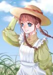  1girl apron bangs blue_eyes blue_sky bow braid brown_hair brown_shirt cloud day dress_shirt eyebrows_visible_through_hair floating_hair grin hair_bow hat hat_ribbon long_hair long_sleeves low_twintails original outdoors red_bow red_ribbon ribbon shirt sky smile solo straw_hat striped striped_shirt sun_hat tabby_chan twin_braids twintails twitter_username vertical-striped_shirt vertical_stripes white_apron yellow_headwear 
