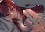  1girl breasts cleavage fate/grand_order fate_(series) foreshortening hu_tu large_breasts looking_at_viewer nude pillow pointing pout purple_hair red_eyes revision scathach_(fate) under_covers 