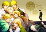  2girls 5boys annie_leonhardt armin_arlert beard bertolt_hoover blonde_hair blue_eyes christa_renz cover cover_page doujin_cover erwin_smith facial_hair flower holding holding_flower kyosuke male_harem mike_zakarius mixed_harem multiple_boys multiple_girls mustache one_eye_closed reiner_braun shingeki_no_kyojin shirt short_hair sideburns smile white_shirt 