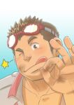  1boy :q bara blush commentary_request ei_(marutendon) goggles goggles_on_head kurogane_(housamo) long_sideburns male_focus muscular muscular_male ok_sign one_eye_closed partially_unbuttoned pectoral_cleavage pectorals short_hair sideburns solo sparkle thick_eyebrows tokyo_afterschool_summoners tongue tongue_out upper_body 