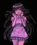  1girl apron artist_name bandaged_arm bandaged_leg bandages bangs black_background blue_skirt blush commentary crying crying_with_eyes_open danganronpa_(series) danganronpa_2:_goodbye_despair floating_hair hands_up highres long_hair mole mole_under_eye nika_kapustka photo-referenced pink_shirt pleated_skirt puffy_short_sleeves puffy_sleeves shiny shiny_hair shirt short_sleeves simple_background skirt solo tears teeth tsumiki_mikan upper_teeth white_apron 