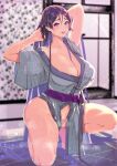  1girl arms_behind_head arms_up bangs bare_shoulders blush breasts cleavage collarbone fate/grand_order fate_(series) grey_kimono heart heart-shaped_pupils highres japanese_clothes kimono large_breasts long_hair long_sleeves looking_at_viewer minamoto_no_raikou_(fate) open_mouth parted_bangs purple_eyes purple_hair sash smile solo squatting symbol-shaped_pupils thighs very_long_hair wet wide_sleeves zumizu 