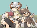  3girls arknights blush brown_eyes cellphone closed_eyes closed_mouth couch crossed_legs dragon_horns feather_hair grin hand_on_another&#039;s_shoulder highres holding holding_phone horns ifrit_(arknights) konno_akikaze long_hair multiple_girls on_couch open_mouth orange_eyes oripathy_lesion_(arknights) owl_ears owl_girl phone platinum_blonde_hair round_eyewear saria_(arknights) selfie short_hair silence_(arknights) silver_hair sitting smartphone smile taking_picture teeth 