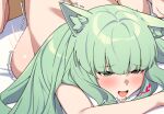  1girl ahmoni_(arknights) animal_ear_fluff animal_ears arknights back bangs blush breasts commentary_request doggystyle ett fang green_eyes green_hair half-closed_eyes heart heart-shaped_pupils korean_commentary large_breasts long_hair motion_lines nude orgasm out-of-frame_censoring sex sex_from_behind skin_fang solo_focus symbol-shaped_pupils top-down_bottom-up torogao trembling 