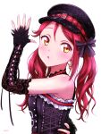  1girl bangs black_gloves blush breasts ckst commentary_request earrings elbow_gloves eyebrows_visible_through_hair fingerless_gloves gloves hair_ribbon hat highres jewelry long_hair love_live! love_live!_sunshine!! red_hair ribbon sakurauchi_riko sidelocks signature small_breasts solo twintails upper_body yellow_eyes 