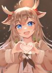  1girl :d a-soul absurdres ahoge animal_ear_fluff animal_ears bangs bell black_neckerchief blue_eyes blush brown_background brown_hair brown_jacket deer_antlers deer_ears diana_(a-soul) eyebrows_visible_through_hair hair_bell hair_ornament heart heart_hands highres holly_hair_ornament jacket long_hair long_sleeves looking_at_viewer neckerchief open_clothes open_jacket open_mouth sailor_collar school_uniform serafuku smile solo star_(symbol) star_hair_ornament theos upper_body white_sailor_collar 