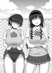  2girls :d amagami blush bow bowtie breasts chain-link_fence closed_mouth clothes_lift cloud competition_swimsuit day facing_viewer fence greyscale hand_up large_breasts lifted_by_self long_hair looking_at_viewer miniskirt monochrome morishima_haruka multiple_girls one-piece_swimsuit open_mouth outdoors pleated_skirt rooftop sanagi_torajirou school_uniform shirt short_sleeves skirt skirt_lift sky smile standing sweater_vest swimsuit swimsuit_under_clothes tsukahara_hibiki waving 