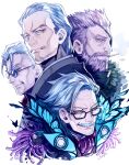  4boys beard black-framed_eyewear bug butterfly cigarette eyepatch facial_hair fate/grand_order fate_(series) glasses glint hair_slicked_back highres james_moriarty_(fate) kyosuke li_shuwen_(fate) looking_at_viewer male_focus mouth_hold multiple_boys mustache old old_man purple_eyes silver_hair smoking stubble white_background white_hair william_tell_(fate) yagyuu_munenori_(fate) yellow_eyes 