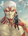  2boys armored_titan bertolt_hoover blonde_hair brown_hair cloud cloudy_sky giant giant_male highres kiss kissing_cheek male_focus multiple_boys nene_(10575936) reiner_braun shingeki_no_kyojin short_hair size_difference sky spoilers yaoi 