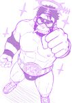  1boy abs bara beard bulge cigar clenched_hands commentary_request ded_(housamo) ei_(marutendon) eye_mask facial_hair foreshortening from_above grin halo large_pectorals looking_at_viewer male_focus mature_male monochrome muscular muscular_male nipples pectorals purple_theme revealing_clothes short_hair smile solo sparkle stomach thighs tokyo_afterschool_summoners topless_male wrestling_mask wrestling_outfit 