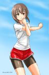  1girl bike_shorts bike_shorts_under_shorts black_shorts blue_sky cloud commentary_request cowboy_shot headband kantai_collection kudou_(ooabareteng) looking_at_viewer one-hour_drawing_challenge red_shorts shirt shorts sky solo standing stretch t-shirt taihou_(kancolle) white_shirt 