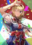  1girl akane_hazuki alice_margatroid apron arm_up ascot bangs blonde_hair blue_dress blue_eyes blue_nails breasts capelet commentary_request confetti cowboy_shot dress eyebrows_visible_through_hair fingernails frilled_capelet frilled_hairband frilled_ribbon frills glasses glasses_day hair_between_eyes hairband highres lips lolita_hairband looking_at_viewer medium_breasts nail_polish one_eye_closed puffy_short_sleeves puffy_sleeves red_ribbon ribbon short_hair short_sleeves smile solo touhou waist_apron white_capelet 