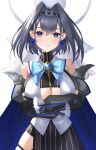  1girl bare_shoulders black_gloves blue_bow blue_bowtie blue_cape blue_eyes blush bow bowtie breasts cape cleavage crossed_arms detached_sleeves gloves hair_intakes heart highres hololive hololive_english large_breasts looking_at_viewer mechanical_halo ouro_kronii sateridas short_hair simple_background skirt smile solo striped striped_skirt turtleneck virtual_youtuber white_background zipper 