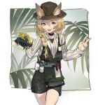  1girl :d animal animal_ears arknights beanstalk_(arknights) black_choker bottle braid brown_eyes brown_hair brown_headwear choker cowboy_shot crab ears_through_headwear green_hair green_shorts hair_between_eyes hat holding holding_animal hyena_ears hyena_girl id_card jiojio leaf leaf_background long_hair looking_at_viewer metal_crab_(arknights) multicolored_hair open_mouth overall_shorts overalls shirt shorts side_braid single_braid smile spray_bottle streaked_hair v white_shirt 