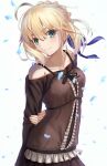  1girl ahoge alternate_costume artoria_pendragon_(fate) bangs bare_shoulders blonde_hair blue_ribbon blush braid brown_dress brown_skirt closed_mouth collarbone commentary_request dress eyebrows_visible_through_hair fate/grand_order fate/hollow_ataraxia fate/stay_night fate_(series) french_braid green_eyes hair_between_eyes hair_ribbon highres long_sleeves looking_at_viewer neko_daruma off-shoulder_dress off_shoulder official_alternate_costume petals pinafore_dress ribbon saber short_hair sidelocks skirt skirt_under_dress smile solo white_background 