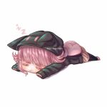  1girl artist_name backpack bag bangs black_jacket black_legwear blunt_bangs brown_skirt chibi closed_eyes commentary danganronpa_(series) danganronpa_2:_goodbye_despair eyebrows_visible_through_hair flipped_hair hair_ornament highres hood hood_up jacket lying medium_hair nanami_chiaki nika_kapustka on_stomach pink_bag pink_footwear pink_hair shiny shiny_hair simple_background skirt sleeping sleeves_past_wrists solo thighhighs watermark white_background zzz 