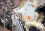  1girl absurdres arknights asans autumn_leaves black_headwear breasts coat coffee_cup copyright_name cup disposable_cup falling_leaves grey_hair hand_in_pocket hand_up hat highres holding holding_cup leaf long_hair medium_breasts open_clothes open_coat outdoors red_eyes rhodes_island_logo shirt skadi_(arknights) solo white_coat white_shirt window 