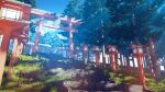  3d blue_sky cloud commentary dappled_sunlight day forest grass hachio81 highres lantern nature no_humans original outdoors plant scenery shrine sky stairs sunlight torii tree wooden_lantern 