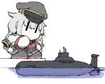  1girl black_footwear black_headwear black_skirt boots chibi commentary dock full_body gangut_(kancolle) grey_hair hair_ornament hairclip hat jacket jacket_on_shoulders kantai_collection long_hair no_mouth ocean peaked_cap pleated_skirt red_shirt shirt short_sleeves simple_background skirt solo submarine task_(s_task80) the_hunt_for_red_october typhoon_class_submarine watercraft white_background white_jacket |_| 