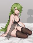  1girl babydoll bangs black_bra black_legwear black_panties bra breasts cleavage closed_mouth commentary_request full_body girls&#039;_frontline green_hair hair_ornament halterneck hand_on_own_thigh heart heart-shaped_pupils highleg highleg_panties highres long_hair looking_at_viewer medium_breasts miso_(b7669726) mk48_(girls&#039;_frontline) nail_polish on_bed panties red_eyes red_nails sitting smile solo symbol-shaped_pupils thighhighs underwear underwear_only very_long_hair 
