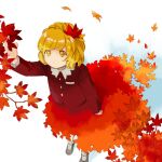  1girl aki_shizuha arm_up autumn_leaves black_footwear blonde_hair branch closed_mouth commentary dutch_angle expressionless gradient_skirt hair_ornament kaigen_1025 leaf leaf_hair_ornament long_sleeves maple_leaf orange_skirt reaching_out red_shirt red_skirt shirt short_hair simple_background skirt solo standing touhou white_background white_legwear yellow_eyes 