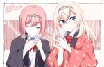  2girls ark_royal_(kancolle) blonde_hair blue_eyes blush closed_mouth flower hair_between_eyes hairband happi japanese_clothes kantai_collection long_hair long_sleeves multiple_girls parted_lips red_flower red_hair red_ribbon red_rose ribbon rose shigino_sohuzi short_hair smile tiara upper_body victorious_(kancolle) wide_sleeves 
