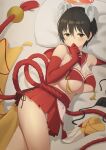  1girl absurdres animal_ears arm_guards black_hair blue_archive blush breast_curtain breasts elbow_gloves gloves halo hape highres large_breasts looking_at_viewer lying on_bed on_side pelvic_curtain red_gloves red_sailor_collar red_skirt revealing_clothes rope rope_belt sailor_collar sideboob sideless_outfit skirt solo tabard tassel tsubaki_(blue_archive) two-tone_shirt underboob 