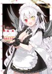  1girl :d apron asagi_yuna black_background black_bow black_bowtie black_dress black_wings bow bowtie breasts cake candle candy chocolate cleavage commentary_request cowboy_shot cross cross_earrings dress earrings feathered_wings food frilled_apron frilled_dress frilled_sleeves frills fruit hair_bow halo happy_birthday heart heart-shaped_chocolate heterochromia highres holding holding_plate jewelry large_breasts long_hair looking_at_viewer maid maid_headdress necklace open_mouth original outside_border plate puffy_short_sleeves puffy_sleeves red_eyes scrunchie short_sleeves silver_hair simple_background smile solo strawberry very_long_hair virtual_youtuber waist_apron white_apron wings wrist_scrunchie yellow_eyes 