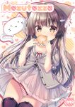  1girl :d absurdres animal animal_ear_fluff animal_ears bangs black_legwear blush brown_eyes brown_hair brown_nails cameltoe cat cat_ears cat_girl cat_tail collarbone commentary_request cover cover_page doujin_cover dress eyebrows_visible_through_hair fang fish_hair_ornament food grey_dress grey_jacket grey_sailor_collar hair_between_eyes hair_ornament hands_up highres holding holding_food jacket long_hair nail_polish neko_pan open_mouth original panties puffy_short_sleeves puffy_sleeves sailor_collar short_sleeves smile solo striped striped_panties tail tail_raised thigh_gap thighhighs underwear very_long_hair white_cat 