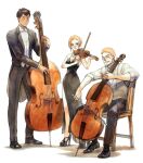  1girl 2boys alternate_costume annie_leonhardt bertolt_hoover black_dress black_pants black_suit blonde_hair blush bow bowtie brown_hair cello double_bass dress formal full_body holding holding_instrument instrument multiple_boys pants prema-ja reiner_braun shingeki_no_kyojin short_hair sleeves_rolled_up smile standing violin white_background 