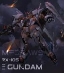  absurdres artist_name beam_rifle blue_eyes brayanong999 character_name cloud energy_gun english_commentary gun gundam gundam_hathaway&#039;s_flash highres holding holding_gun holding_weapon looking_down mecha mobile_suit no_humans open_hand science_fiction solo v-fin watermark weapon xi_gundam 