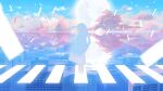  1girl bangs blue_sky building cloud dress highres long_hair natsu-no-kamisama original profile reflection sky solo surreal white_dress white_hair wide_shot 