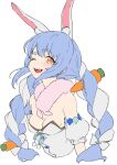  1girl :d animal_ear_fluff animal_ears bare_shoulders blue_hair blush braid breasts carrot_hair_ornament cleavage detached_sleeves food-themed_hair_ornament hair_ornament hololive kagawa_ichigo long_hair looking_at_viewer medium_breasts one_eye_closed open_mouth orange_eyes puffy_detached_sleeves puffy_short_sleeves puffy_sleeves rabbit_ears short_sleeves simple_background smile solo twin_braids upper_body usada_pekora virtual_youtuber white_background 