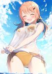  1girl :d ^_^ bangs bikini bikini_under_clothes blue_sky blush breasts brown_hair closed_eyes cloud commentary_request day eyebrows_visible_through_hair facing_viewer hair_ornament hair_scrunchie hairclip highres long_hair low_twintails medium_breasts open_mouth original outdoors sasahara_wakaba scrunchie see-through shirt side-tie_bikini side-tie_shirt sky smile solo standing swimsuit twintails water wet wet_clothes wet_shirt white_shirt yellow_bikini yellow_scrunchie younger 