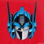 1980s_(style) artist_name autobot blue_eyes commission english_commentary head_only highres looking_at_viewer mecha no_humans ochopante optimus_prime red_background retro_artstyle science_fiction solo transformers 