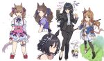  6+girls ahoge animal_ears armband arms_at_sides arrow_(symbol) asymmetrical_footwear bangs beamed_eighth_notes belt belt_buckle bitter_glasse_(umamusume) black_hair black_jacket black_legwear black_pants blue_eyes blush brown_eyes brown_hair buckle center_frills chibi chibi_inset clenched_hands collared_shirt cropped_legs cropped_torso dress earrings eighth_note eishin_flash_(umamusume) eyebrows_visible_through_hair frills from_side garter_straps grass_wonder_(umamusume) hair_ornament hair_ribbon hair_scrunchie highres holding horse_ears horse_girl horse_tail jacket jewelry kashimoto_riko leg_garter little_cocon_(umamusume) long_hair long_sleeves looking_at_viewer mismatched_footwear multiple_girls musical_note neck_ribbon open_clothes open_jacket open_mouth pants parted_lips pink_skirt puffy_sleeves ribbon sailor_collar school_uniform scrunchie shirt shirt_tucked_in short_hair short_twintails simple_background skirt smart_falcon_(umamusume) speech_bubble standing suit_jacket suspender_skirt suspenders sweat tail teshima_nari thought_bubble tosen_jordan_(umamusume) tracen_school_uniform translation_request twintails umamusume upper_body white_background white_dress yellow_eyes 