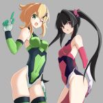  2girls 310-6 akatsuki_kirika bangs black_hair blonde_hair blunt_bangs breasts commentary_request elbow_gloves gloves green_eyes green_gloves green_legwear green_leotard grey_background hair_ornament hair_ribbon index_finger_raised leotard long_hair looking_at_viewer magical_girl multiple_girls open_mouth partial_commentary pink_eyes pink_gloves pink_leotard pink_ribbon ribbon senki_zesshou_symphogear short_hair simple_background sleeveless small_breasts smile standing thighhighs tsukuyomi_shirabe twintails x_hair_ornament 