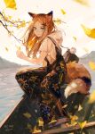  1girl animal_ears autumn autumn_leaves black_overalls blue_eyes boat branch commentary floral_print fox_ears fox_girl fox_tail full_body hair_ornament highres hood hoodie leaf long_hair orange_hair original overalls ozadomi short_sleeves signature sitting smile solo star_(symbol) star_print tail water watercraft white_hoodie 