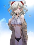  !? 1girl ? @_@ asymmetrical_bangs bangs bikini black_bikini blue_sky breasts brown_jacket closed_mouth cloud cloudy_sky commentary_request cowboy_shot crop_top frown hair_over_one_eye halterneck jacket komagome_azuzu long_sleeves looking_at_viewer medium_hair multi-strapped_bikini navel off_shoulder oosaka_kanagawa red_eyes red_scrunchie scrunchie senyoku_no_sigrdrifa shirt silver_hair sky solo standing sun sweat swimsuit thigh_gap twintails underboob wavy_mouth white_shirt 