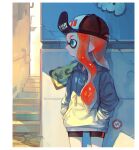  1girl aka_tonbo_(lovetow) aqua_eyes black_headwear black_shorts green_eyes grey_hoodie hand_in_pocket hat highres hood hoodie inkling long_hair long_sleeves looking_to_the_side orange_hair outdoors pipes pointy_ears short_shorts shorts splatoon_(series) splatoon_2 stairs sticker wall 