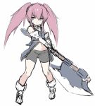  1girl axe bangs bare_shoulders bike_shorts black_shorts blue_eyes closed_mouth coat elbow_gloves full_body gloves hair_between_eyes holding holding_axe karukan_(monjya) long_hair looking_at_viewer navel pink_hair presea_combatir short_shorts shorts sidelocks simple_background sketch sleeveless sleeveless_coat solo standing tales_of_(series) tales_of_symphonia twintails white_background 