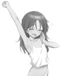  1girl absurdres arm_up armpits bare_shoulders breasts camisole closed_eyes eyebrows_visible_through_hair fang fankupl francesca_lucchini greyscale highres long_hair messy_hair monochrome navel open_mouth simple_background sleepy small_breasts solo stretch strike_witches upper_body world_witches_series yawning 