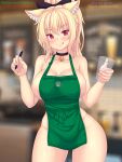  1girl :p animal_ears apron bare_hips bell black_choker blonde_hair blurry blurry_background bow breasts cat_ears choker cup english_commentary eyebrows_visible_through_hair green_apron hair_between_eyes hair_bow hair_ornament highres holding holding_cup holding_marker iced_latte_with_breast_milk_(meme) jingle_bell large_breasts looking_at_viewer marker meme naked_apron nottytiffy original patreon_username red_eyes shiny shiny_skin sidelocks solo starbucks thighs tiffy_(nottytiffy) tongue tongue_out watermark web_address 