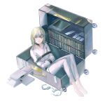  1boy alternate_hair_length alternate_hairstyle androgynous barefoot book bound bound_arms briefcase cangchen choker collarbone commentary_request cuffs enkidu_(fate) fate/grand_order fate_(series) full_body green_hair handcuffs in_container looking_at_viewer medium_hair rolling_suitcase solo straitjacket tied_up_(nonsexual) white_background 