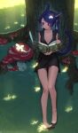  1girl artist_name black_dress blue_hair blush book breasts breasts_apart commission dress fairy final_fantasy final_fantasy_xiv glowing grass highres holding holding_book miqo&#039;te mushroom open_book original scholar_(final_fantasy) sleeveless sleeveless_dress smile solo tostantan tree 